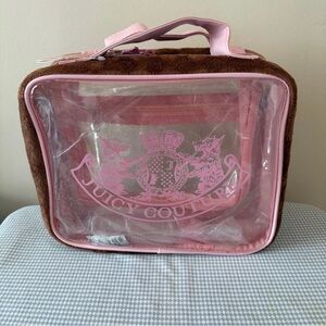 Juicy Couture Brown Suede & Pink Clear Cosmetic Travel Tote NWT